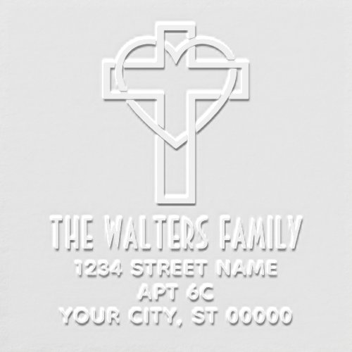 Cross with Entwined Heart Name Return Address Embosser