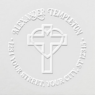 Cross with Entwined Heart Name Return Address Rnd Embosser