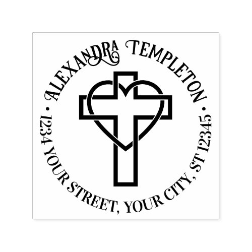 Cross with Entwined Heart Name Return Address Rnd Self_inking Stamp