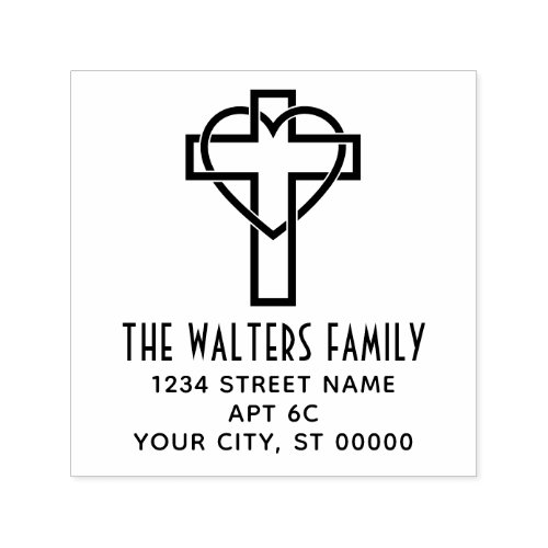 Cross with Entwined Heart Name Return Address Self_inking Stamp