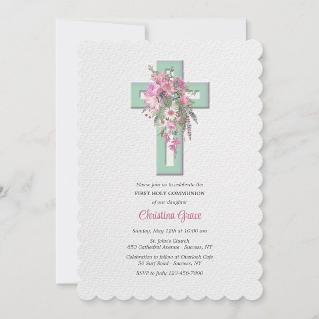 Cross With Floral Cascade Religious Invitation (Front)
