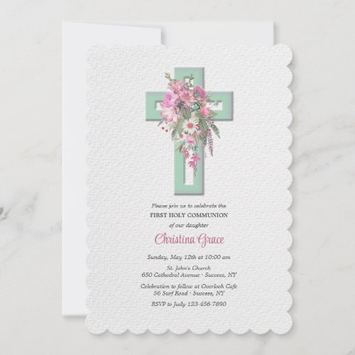Cross With Floral Cascade Religious Invitation