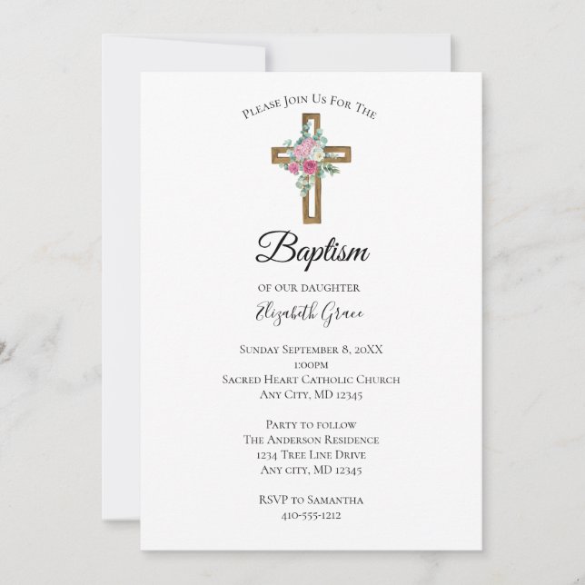 Cross with Flowers Christening Baptism Invitation (Front)