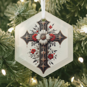 Cross with Flowers Glass Ornament