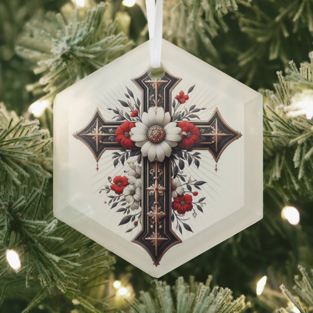 Cross with Flowers Glass Ornament (Insitu)