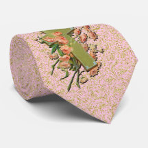 Cross with Pink Flowers on Gold Damask Pink Tie