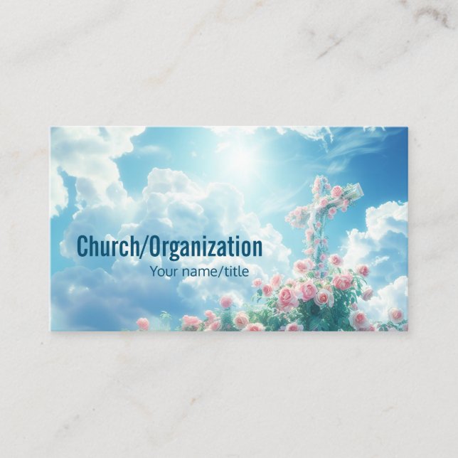 Cross with pink roses in the blue shiny sky business card (Front)
