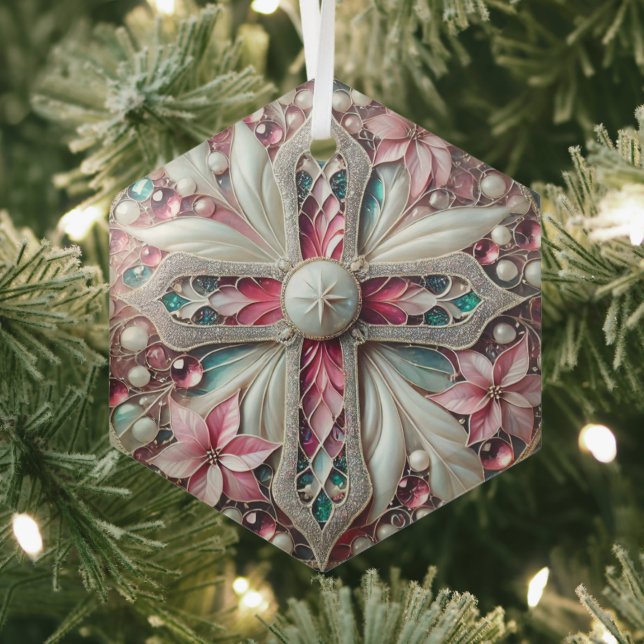 Cross with Poinsettias and Pearls Glass Ornament (Insitu)