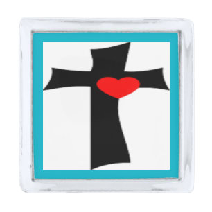 CROSS WITH RED HEART SILVER FINISH LAPEL PIN