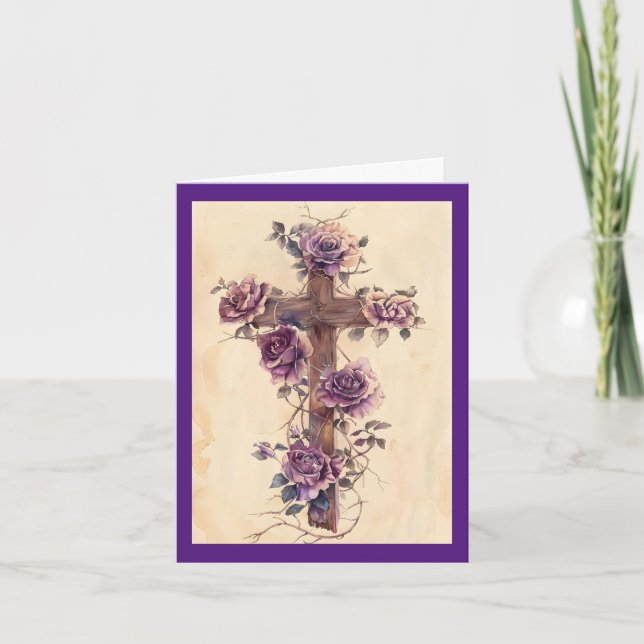 Cross With Roses Holiday Card (Front)