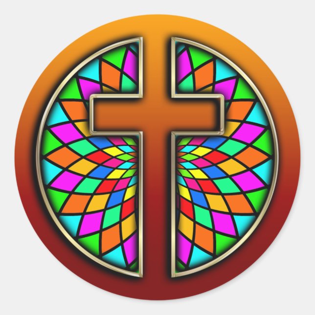 CROSS WITH STAINED GLASS CLASSIC ROUND STICKER (Front)