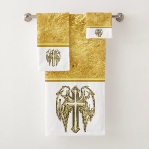 Cross with wings and white and gold foil design bath towel set