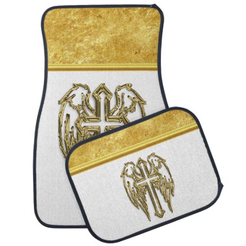 Cross with wings and white and gold foil design car mat