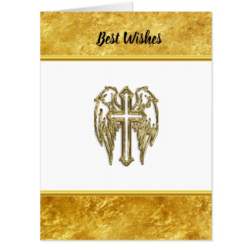 Cross with wings and white and gold foil design card