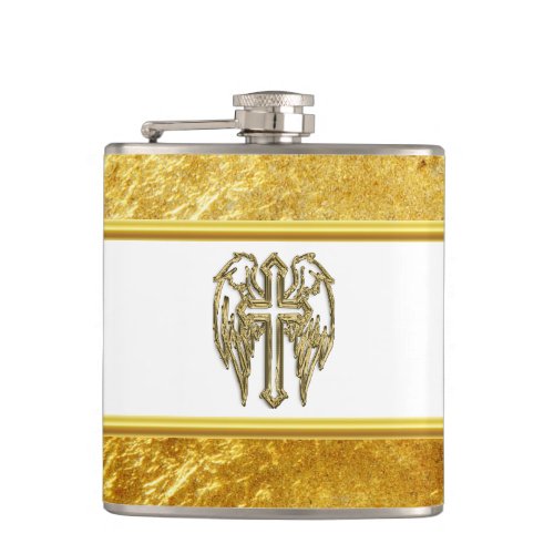 Cross with wings and white and gold foil design flask
