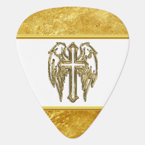 Cross with wings and white and gold foil design guitar pick