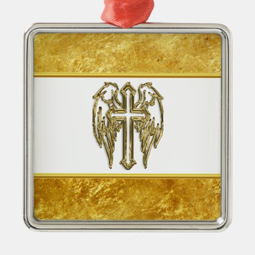 Cross with wings and white and gold foil design metal ornament