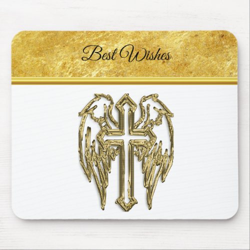 Cross with wings and white and gold foil design mouse pad