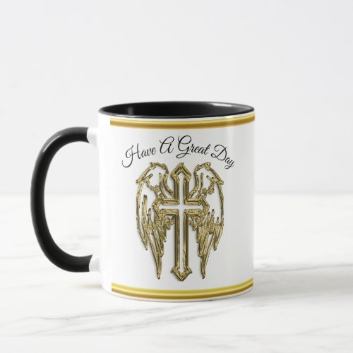 Cross with wings and white and gold foil design mug