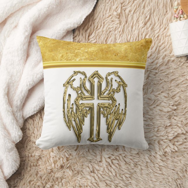 Cross with wings and white and gold foil design throw pillow (Blanket)