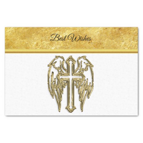Cross with wings and white and gold foil design tissue paper