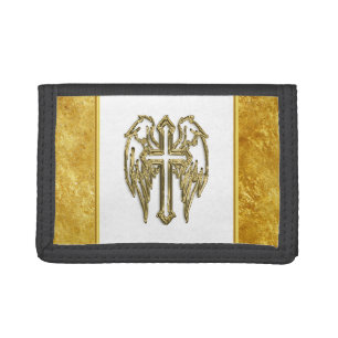 Cross with wings and white and gold foil design tri-fold wallet