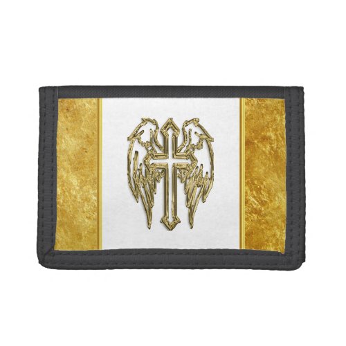 Cross with wings and white and gold foil design trifold wallet