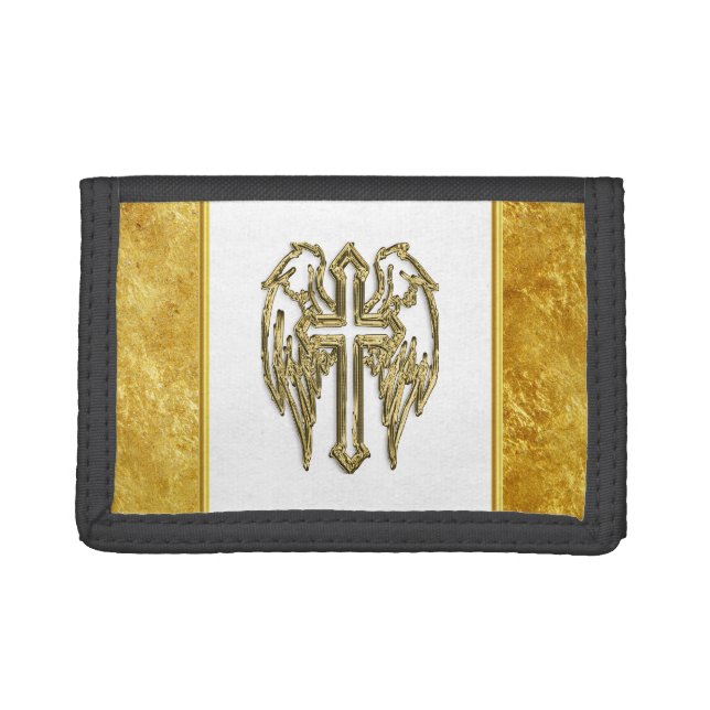 Cross with wings and white and gold foil design trifold wallet (Front)