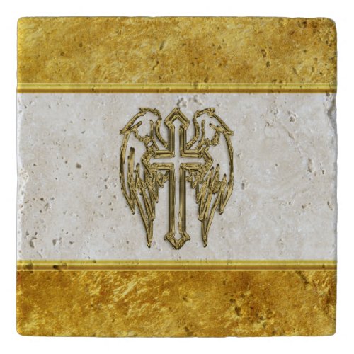 Cross with wings and white and gold foil design trivet
