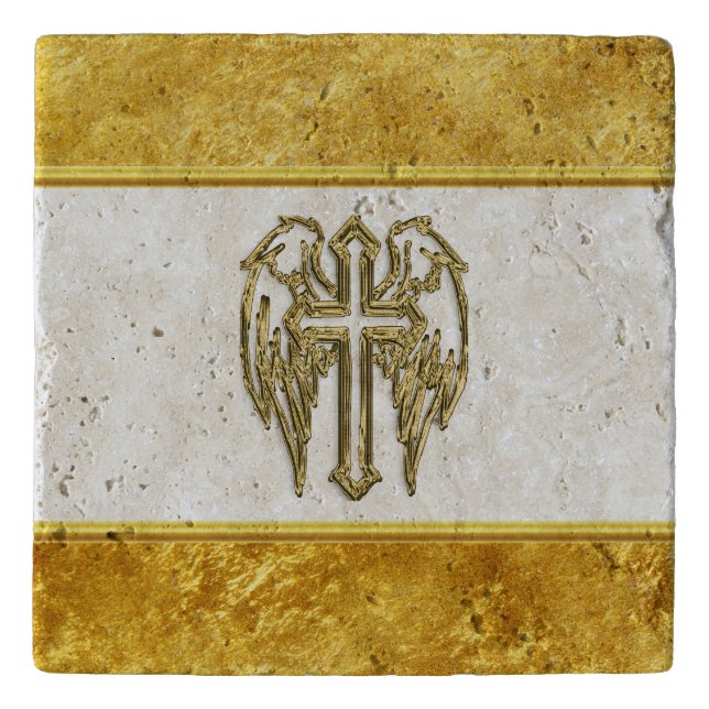 Cross with wings and white and gold foil design trivet (Front)