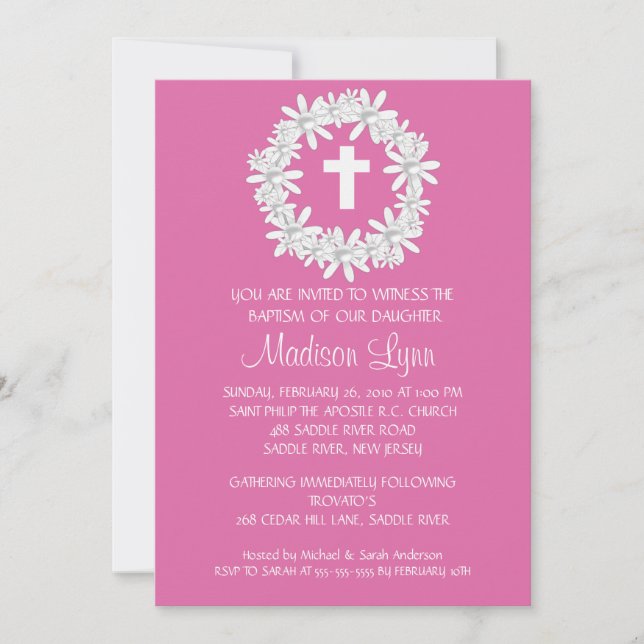 Cross Wreath Baby Girl Baptism Inviation Invitation (Front)