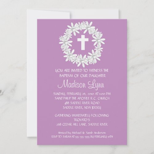 Cross Wreath Baby Girl Baptism Inviation Personalized Invitations