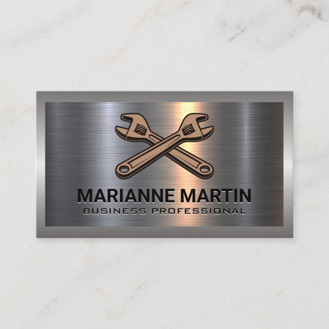 Cross Wrench Logo | Metal Aluminum Business Card (Front)