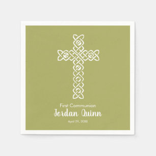 Cross   Yellow Green Communion Baptism Christening Napkins