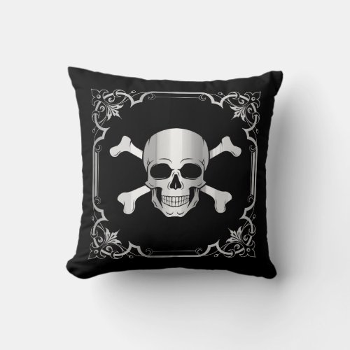 CrossbonesJolly RogerPirategoldblacksilver  Throw Pillow