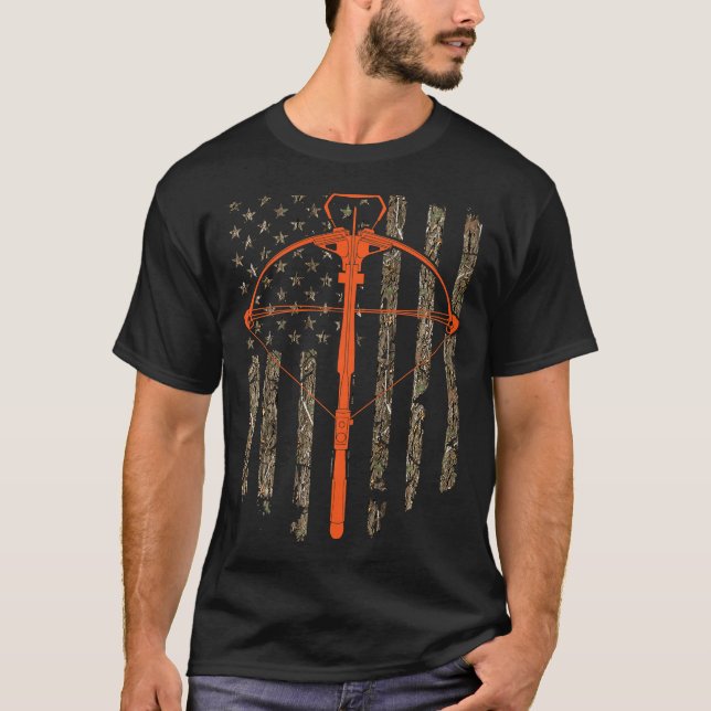Crossbow Archery Bow Hunting Camo American Flag Di T-Shirt (Front)