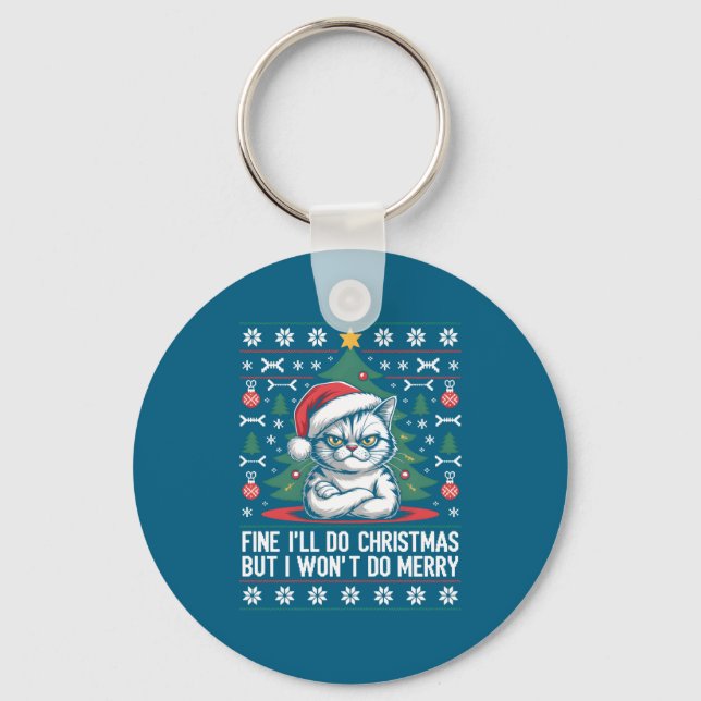 Crossed Arms Cat Funny Christmas Ugly Sweater Long Keychain (Front)