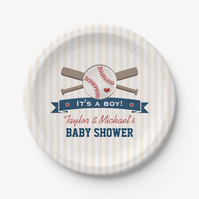 Crossed Bats Baseball Baby Shower Paper Plates (Front)