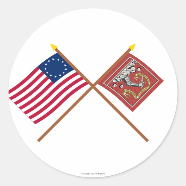 Crossed Betsy Ross and Bedford Flags Classic Round Sticker (Front)