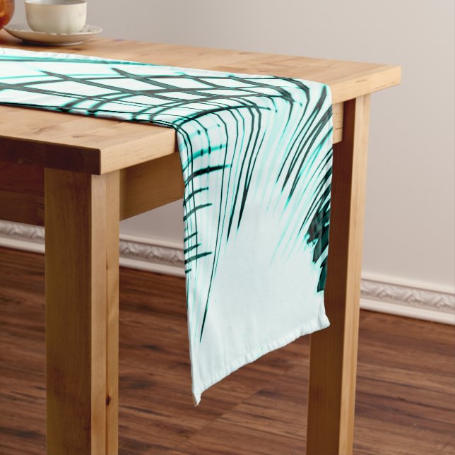 Crossed cyan curved traces on light background short table runner (In Situ)