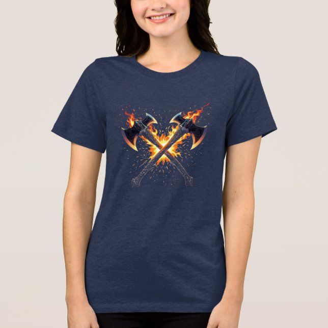 Crossed Fantasy Axes with Fiery Energy – Powerful  Tri-Blend Shirt (Front)
