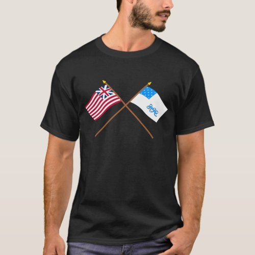 Crossed Grand  Union  and RI 1st Regiment Flags T_Shirt