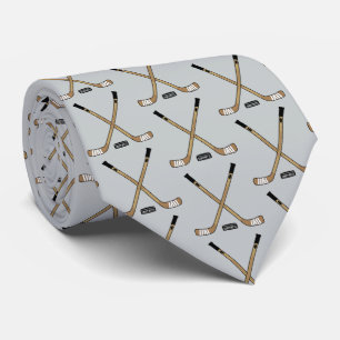 Crossed Hockey Sticks and Puck on silver gray Neck Tie