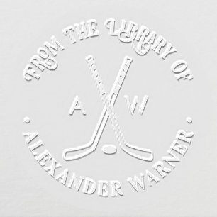 Crossed Hockey Sticks Puck Monogram Library Book Embosser
