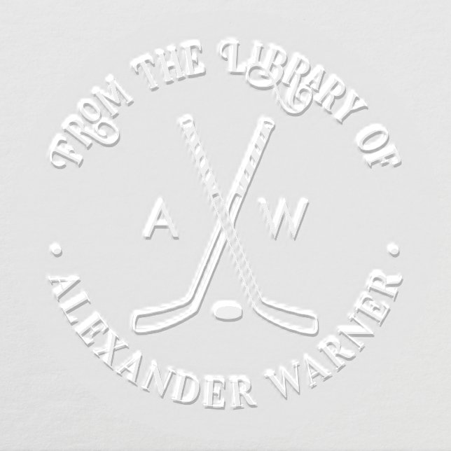 Crossed Hockey Sticks Puck Monogram Library Book Embosser (Design)