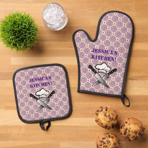 Crossed Knives with Floral Background Oven Mitt  Pot Holder Set