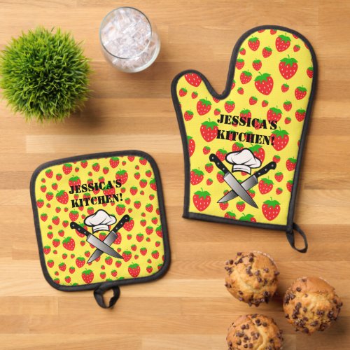 Crossed Knives with Strawberries Background Oven Mitt  Pot Holder Set