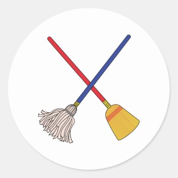 Crossed Mop & Broom Classic Round Sticker by Grandslam_Designs at Zazzle