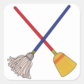 Crossed Mop & Broom Square Sticker by Grandslam_Designs at Zazzle