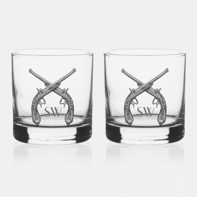 Crossed Pistol Monogram Whiskey Glass (Front)